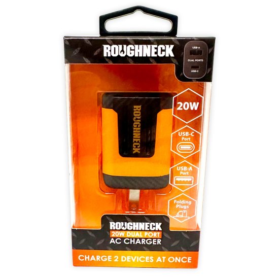 Roughneck - AC Wall Charger Dual Usb / Usb-C Ports 20 Watts