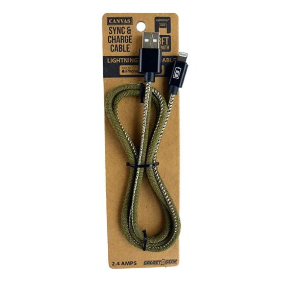 POWER UP - Canvas 3ft Usb To Lightning Charge Cable - ARMY GREEN
