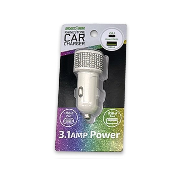 Glitz N Glam - Dual-Port Usb/Usb-C CAR Charger - White Sparkle