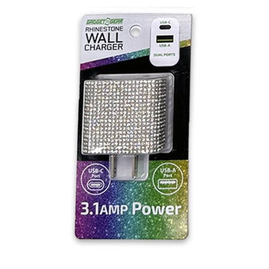 Glitz N Glam - Dual-Port Usb/Usb-C WALLCharger - White Sparkle